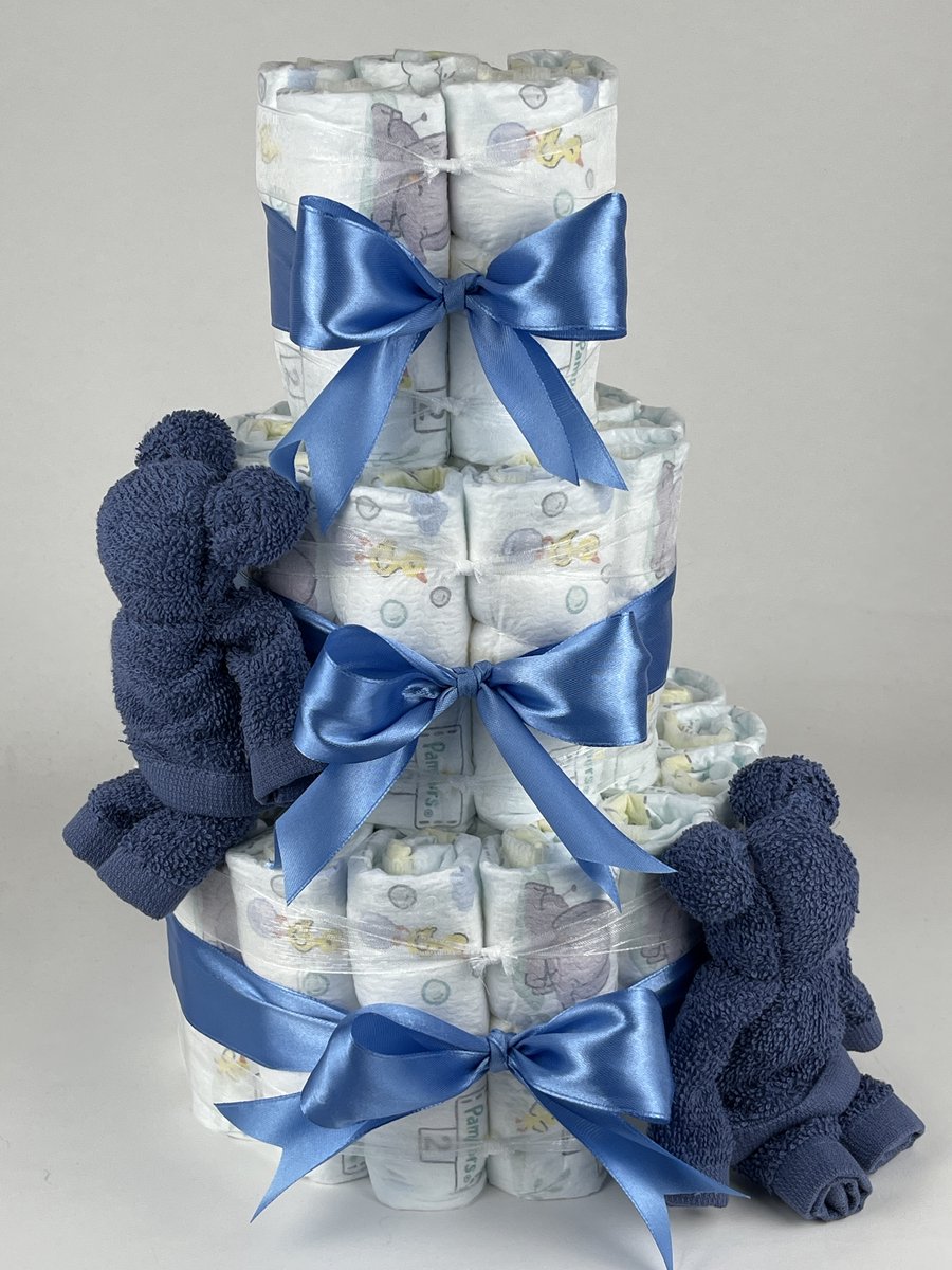 Chouette-Chouette | Luiertaart Jongen | Kraamcadeau | Geboorte Jongen | Babyshower | Beren Silk blauw - diep Blauw