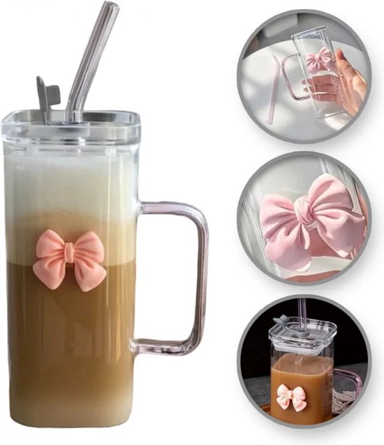 Glazen met Deksel, Roze Strik en Rietje - 6 Stuks - 400ml - Koffieglazen - Theeglazen - Waterglazen