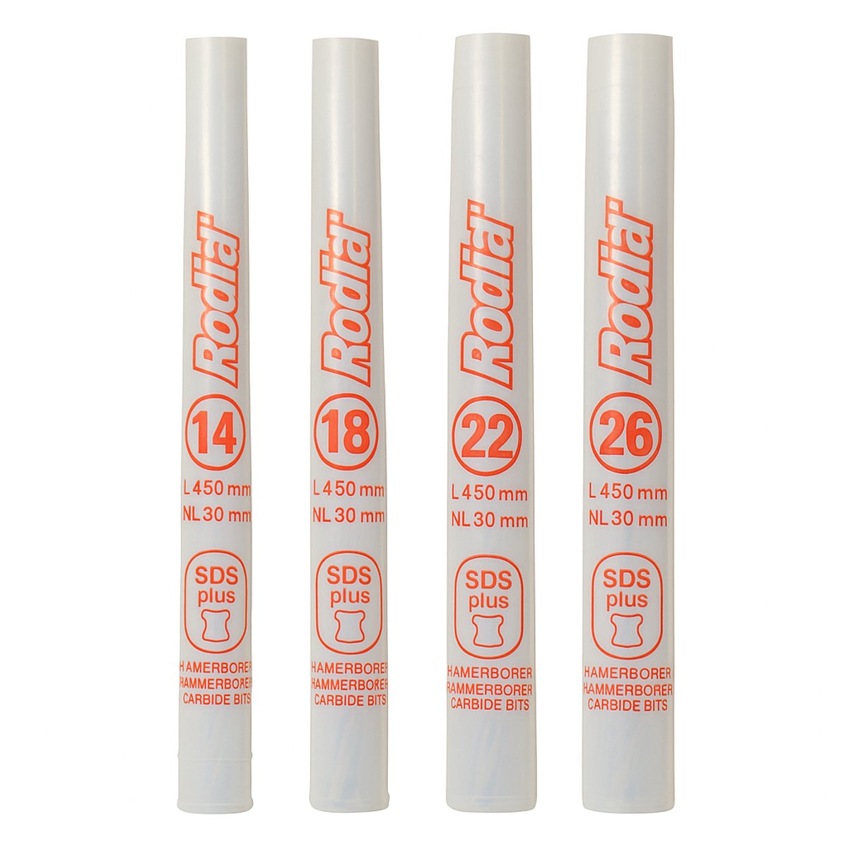 Rodia set hamerboren- set van 4 SDS lange plus boren - 14mm/18mm/22mm/26mm - L 450mm - NL 390mm - 2 snijder