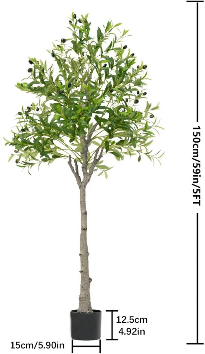 Kunstmatige Olijfboom 150 cm – Hoge Decoratieve Kunstplant met Pot – Plant met Realistische Olijven – Kamerdecoratie & Kerstversiering