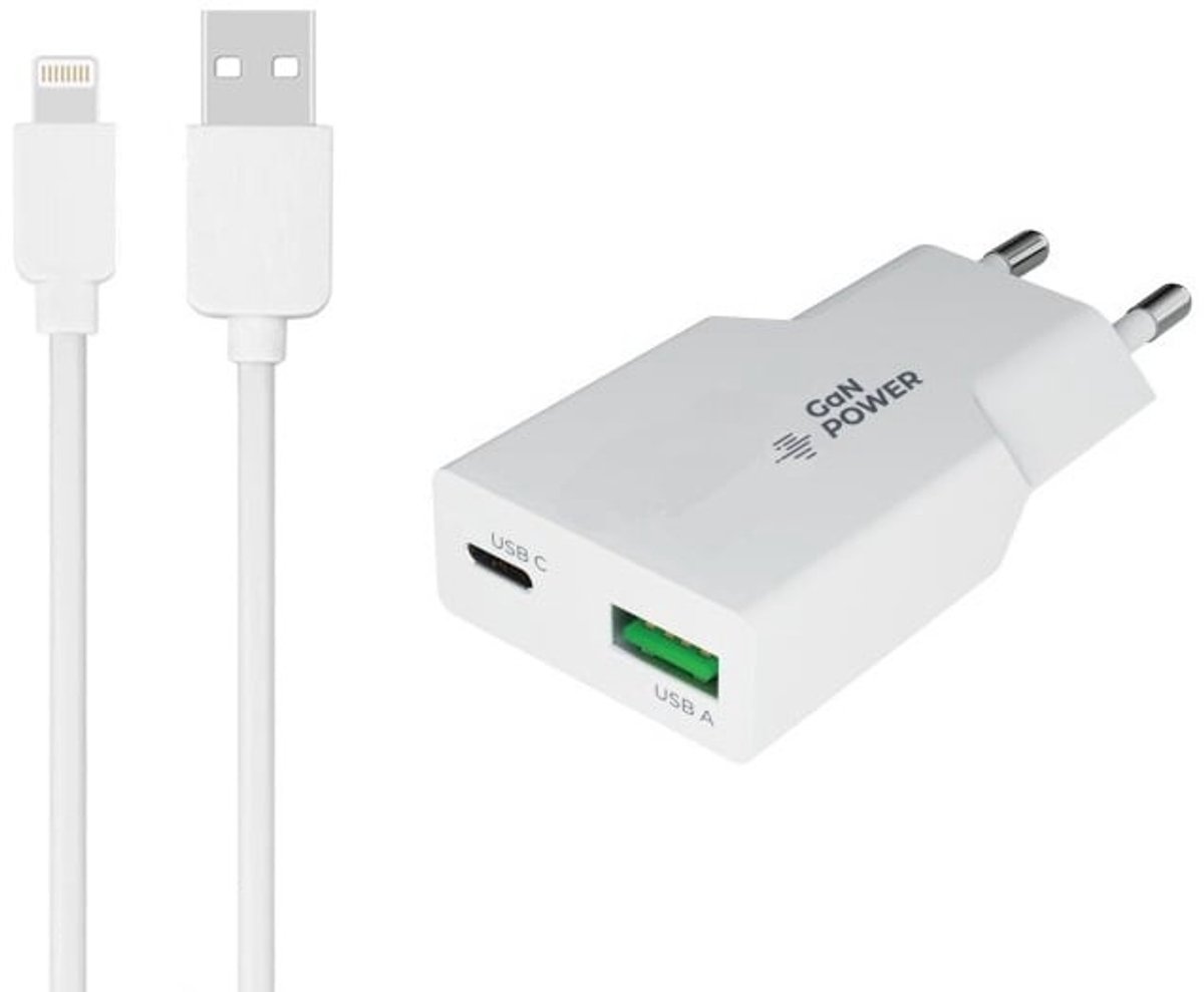 OneOne 30W Lader met USB A en C poort + 3,0m OneOne USB A naar Lightning kabel. USB C voor snelladen. PD PPS lader. GAN oplader adapter past op Apple iPhone 12, 12 Mini, 12 Pro, iPhone 12 Pro Max, iPhone 14, Pro, 14 Pro Max