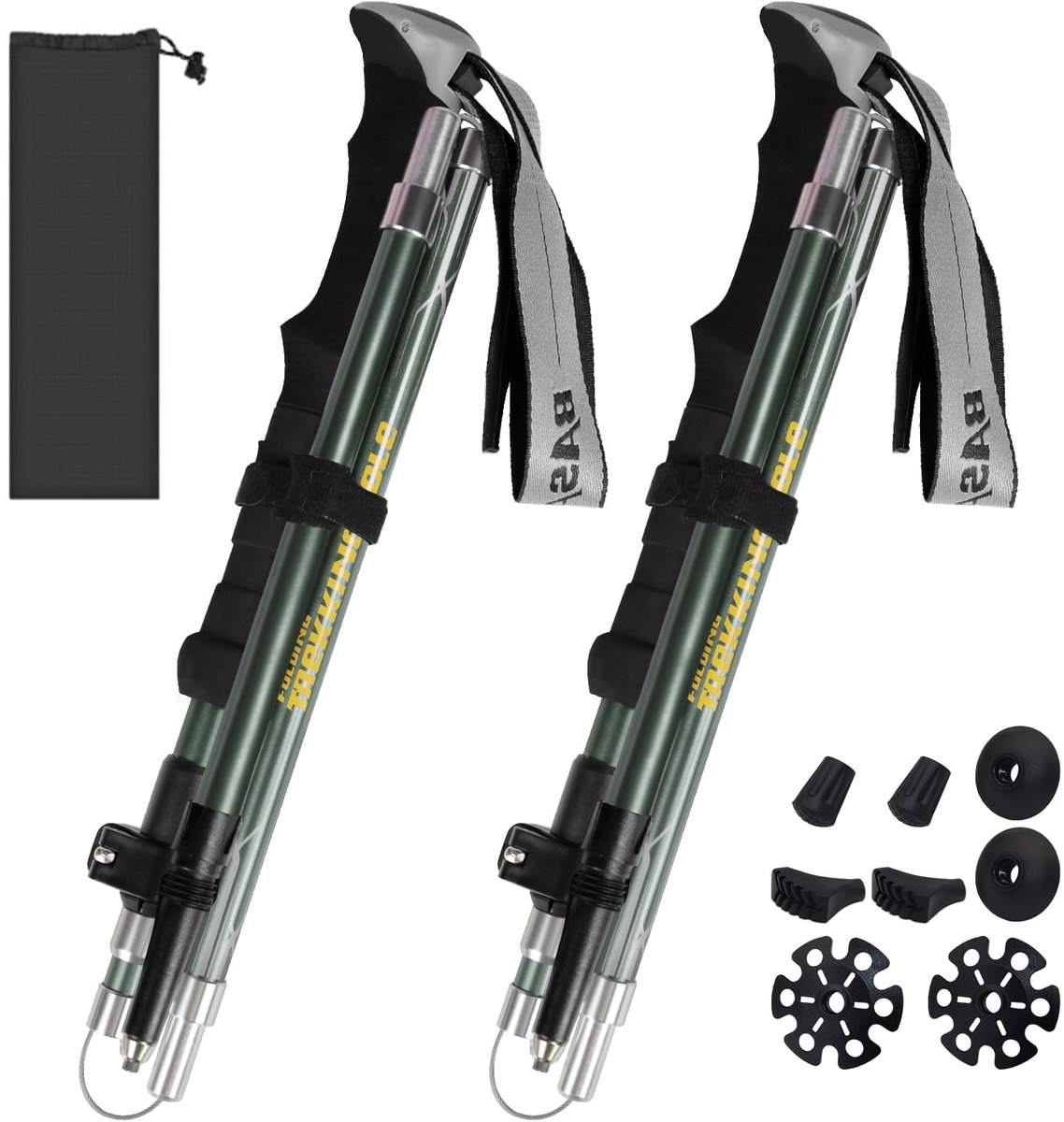 Zentiva Nordic Walking-stokken voor mannen en vrouwen, opvouwbare telescopische trekkingstokken 110-135 cm, ultralichte aluminium trekkingstokken, klemsluiting met 4 paar rubberen buffers (legergroen)