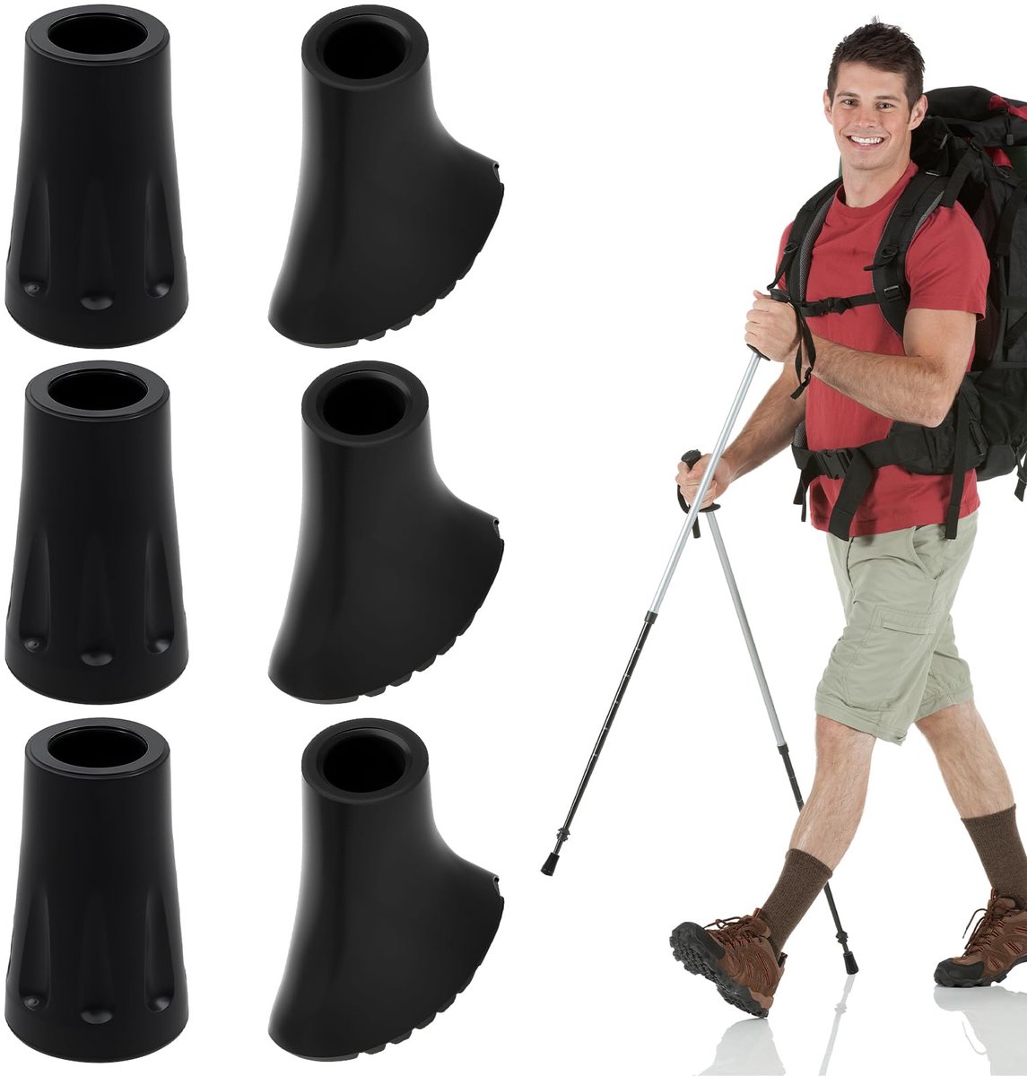 Verpakking van 6 rubberen buffers voor Nordic Walking-stokken, rubberen buffer voor wandelstokken, antislip rubberen buffer voor wandelstokken, asfalt, grind, bergen, wandelen