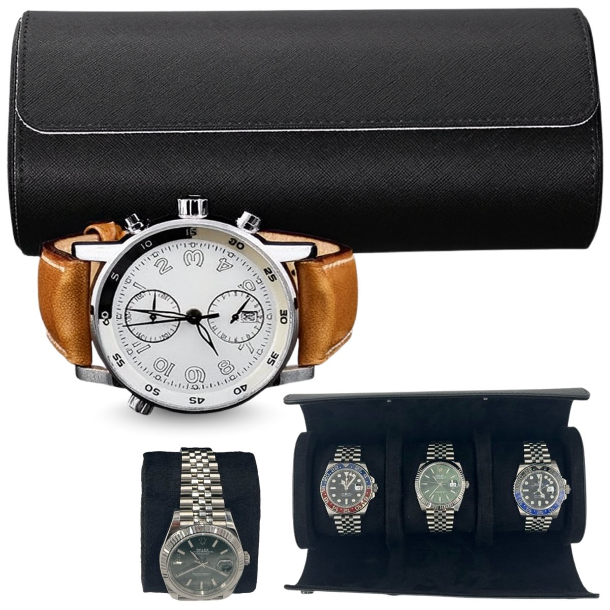Pretty Goods Vintage - Sieradenopbergdoos- Watch Roll - Reisaccessoires - Leer Suede - 3 Horloges - Zwart