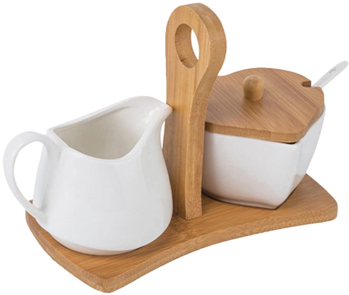 Melkkannetje en Suikerpot Set - Met Deksel, Lepel en Dienblad - Voor Thee en Koffie - Wit Porselein - 7.68 x 5.91 x 4.13 inch