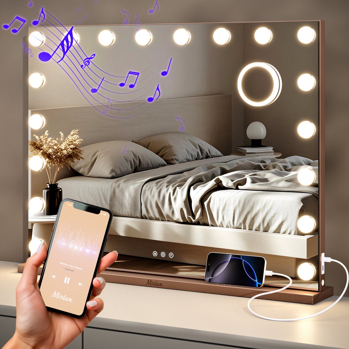 Mirlux Hollywood Make Up Spiegel LED Verlichting - Bluetooth Speakers - 10x Zoom - Ophangbaar - Rosé Goud - 80x60cm