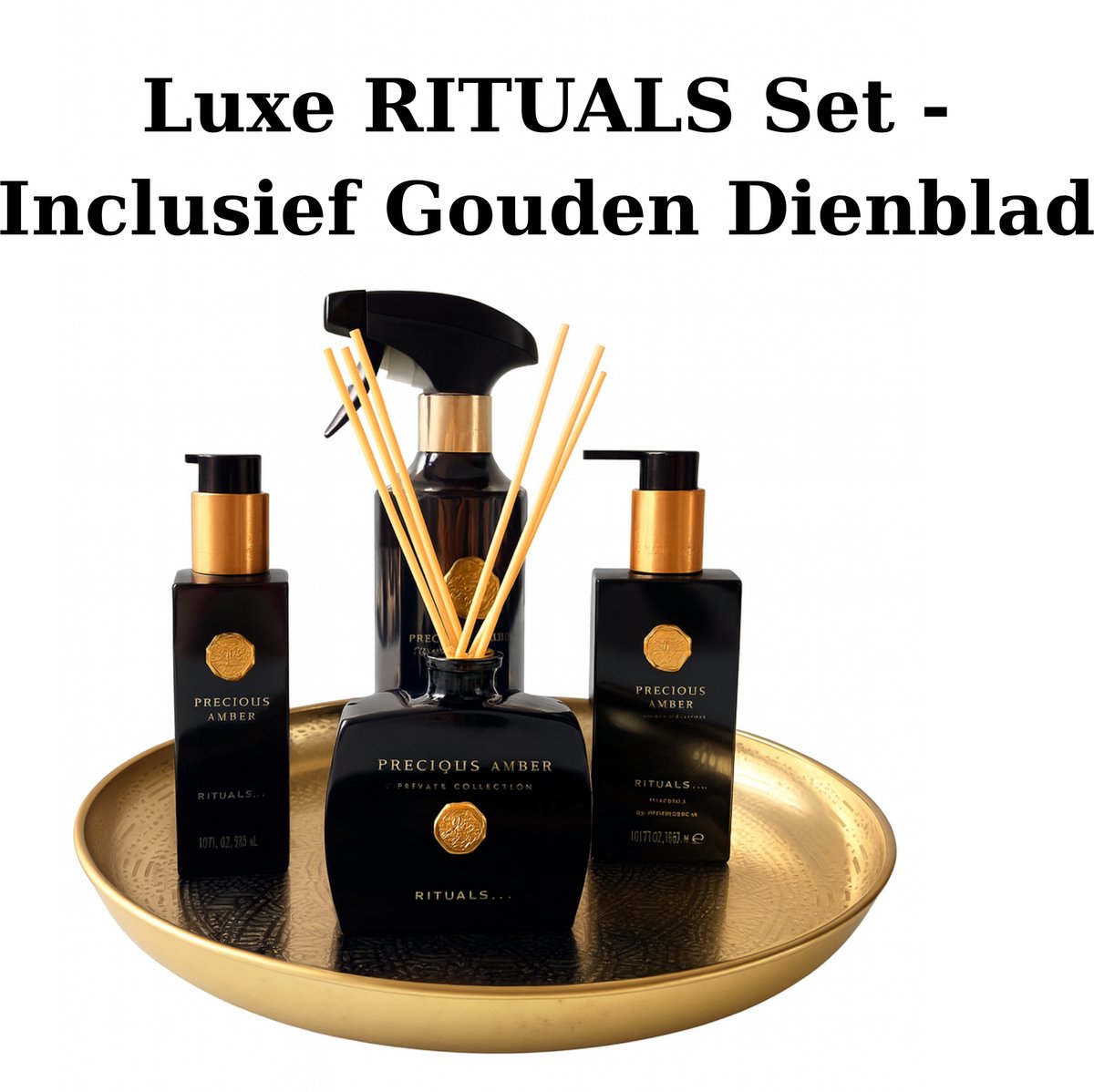 Rituals - Amber - Luxury Set - Handzeep 300 ml + Hand balm 175 ml + Geurstokjes 100 ml + Huisparfum 400 ml + Gouden Dienblad - Hand Wash 300 ml + Handbalsem 175 ml + Fragrance Sticks 100 ml + Home Perfume Spray 400 ml + Gouden Dienblad