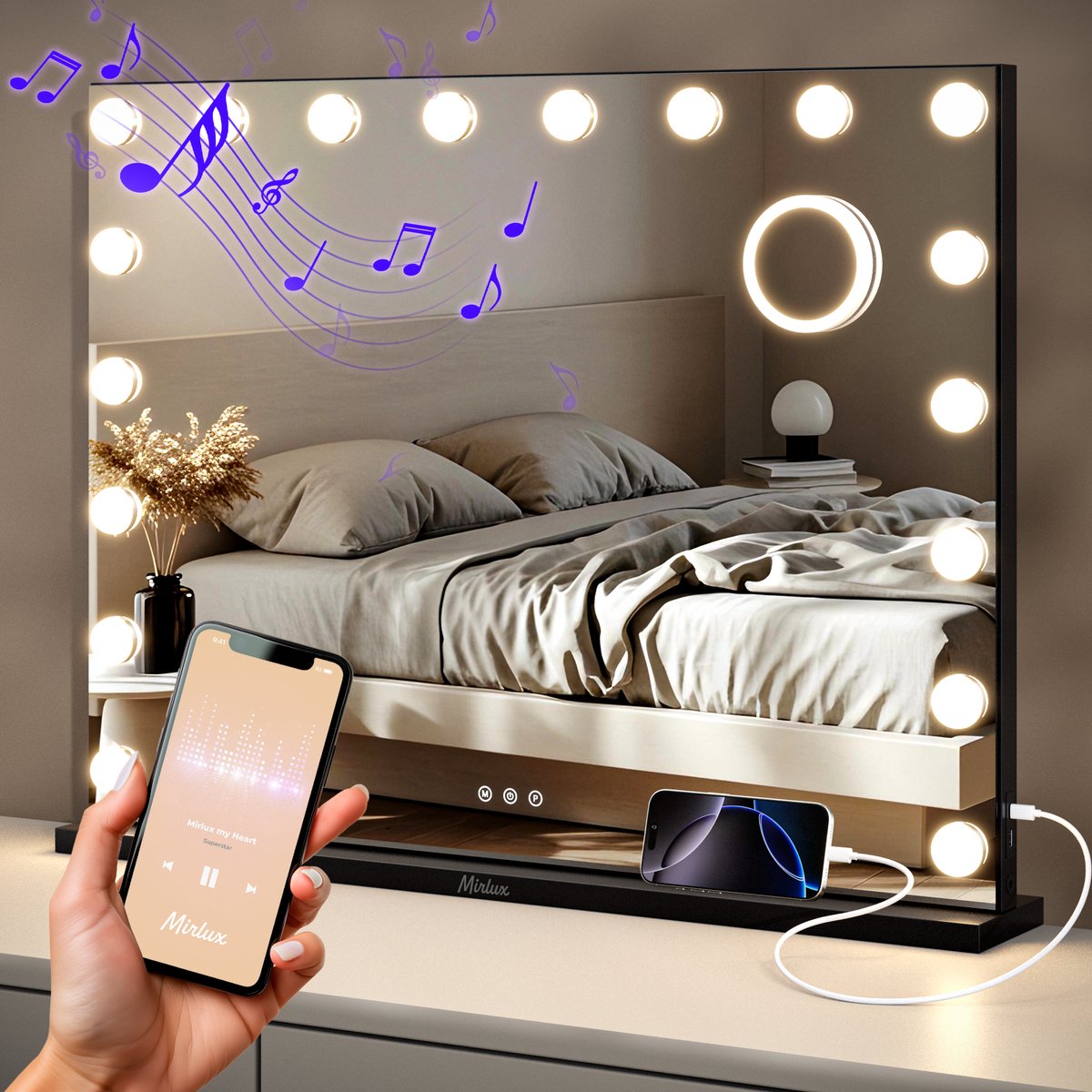 Mirlux Hollywood Make Up Spiegel Led - Bluetooth Speakers - 10x Zoom - Ophangbaar - Zwart - 80x60cm