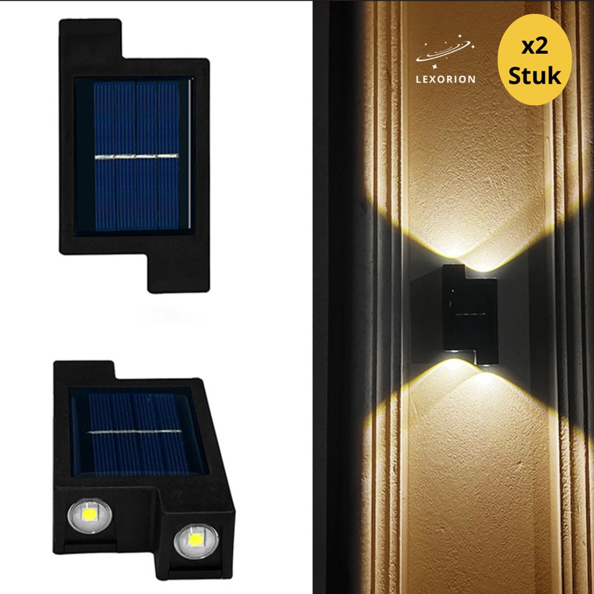 Lexorion Zeno - Solar Wandlamp - 2 Stuks - Tuinverlichting op Zonne-energie - LED Buitenlamp - Wandlamp - Warm Wit Licht - Waterdicht - Solar Tuinlamp voor Muur, Pad, Terras & Tuin