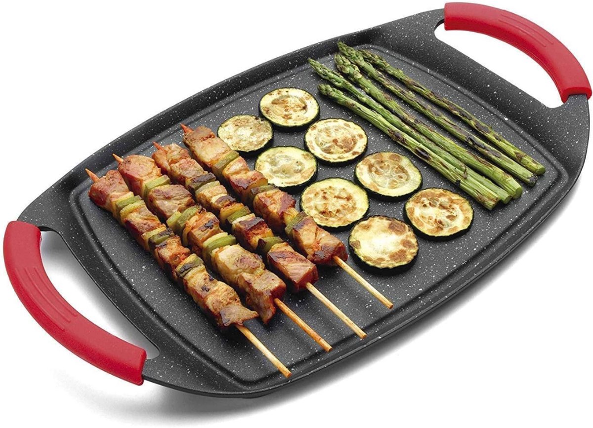 Grillplaat Inductie - Bakplaat - Gietijzer - Zilver en Rood