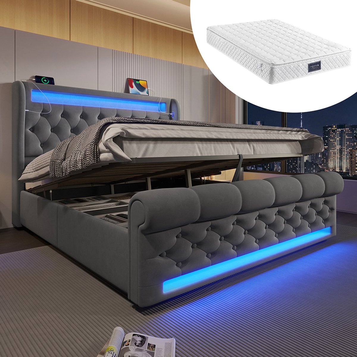 Komhtom Modern gestoffeerd tweepersoonsbed 140x200cm, gestoffeerd bed met led-verlichting, hoofdeinde met opbergruimte en USB- en Type-C-poorten, bed met hydraulische opbergruimte, grijs, fluweel (met matras)