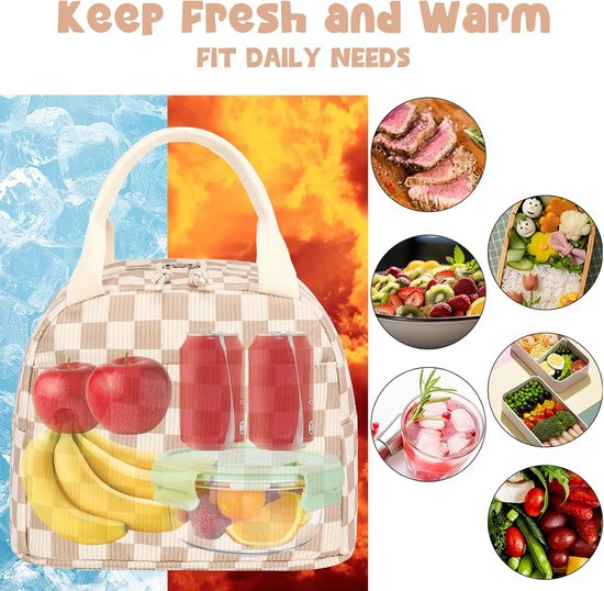 Lunchtas voor mannen en vrouwen, schattige corduroy lunchtas, herbruikbare geïsoleerde lunchbox, grote inhoud, herbruikbare geïsoleerde koelbox voor werk, picknicks of reizen, beige en bruin geruit van FlowFly — afbeelding 3