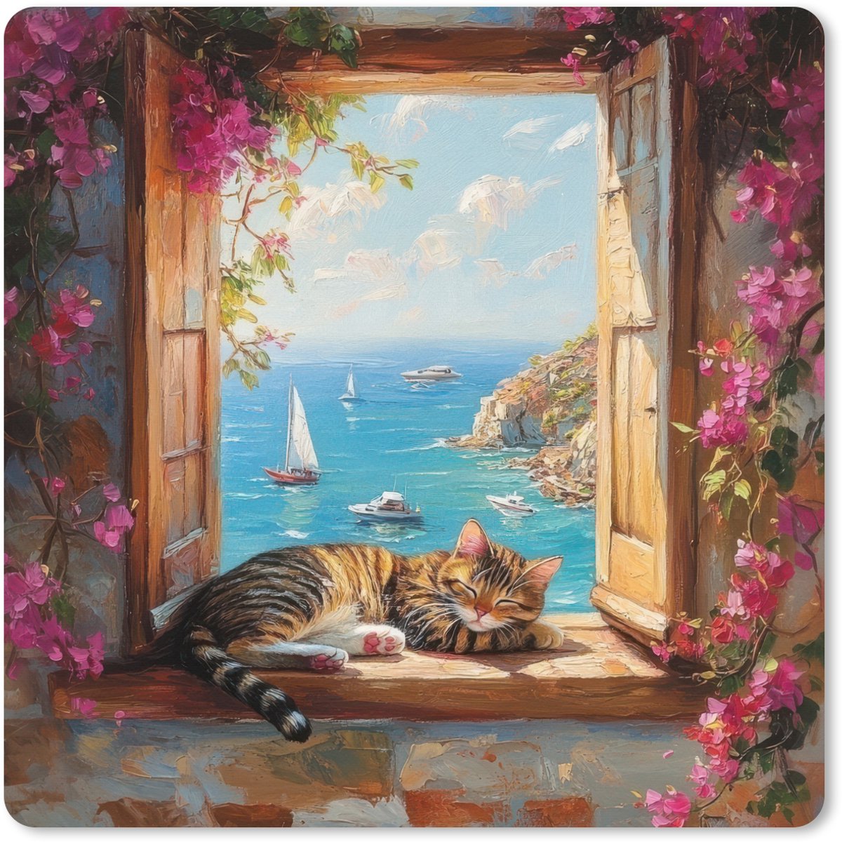 Muismat XXL 40x40 cm - Bureau onderlegger - Bureau mat Kat - Blauwe zee - Roze bloemen - Bureaumat - Gaming mousepad xl - Bureaulegger groot - Computer deskmat