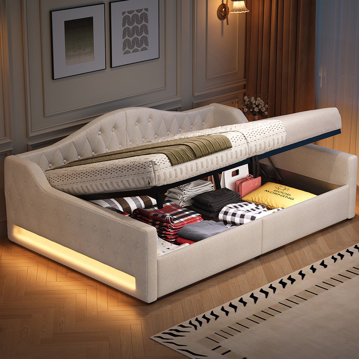Komhtom Gestoffeerd rustbed 140x200 met ledstrip en opbergruimte eronder, beige