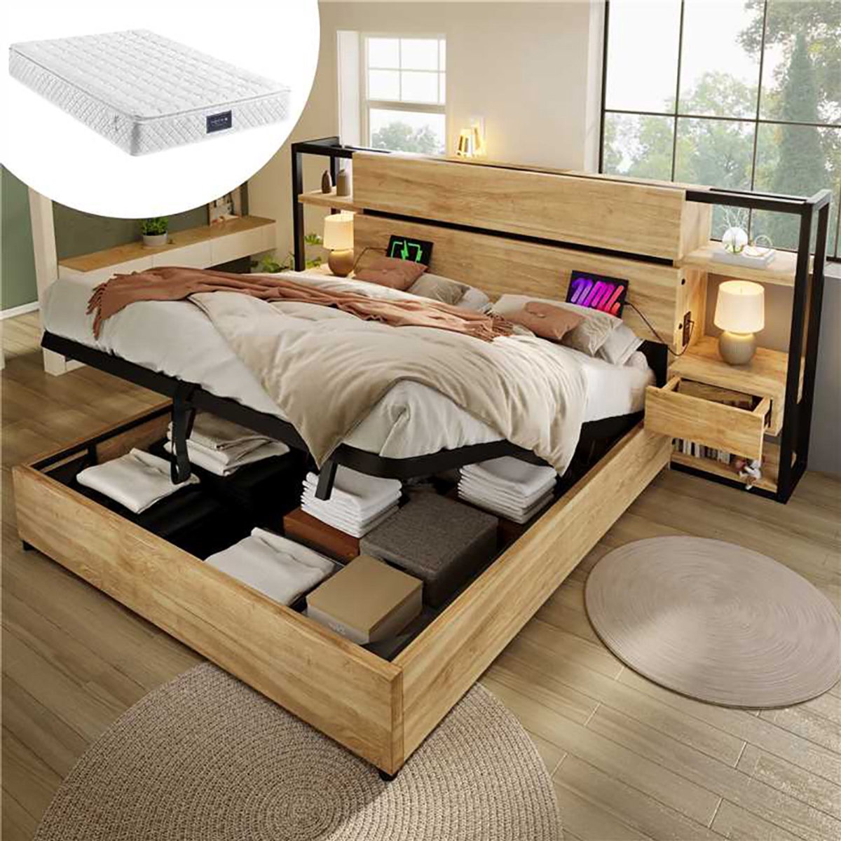 KOMHTOM Houten tweepersoonsbed 160 × 200 cm, bed met hydraulische opbergruimte, hoofdeinde met lades en USB- en Type-C-poorten, bedframe met houten latten, eiken kleur (met matras). Natuur