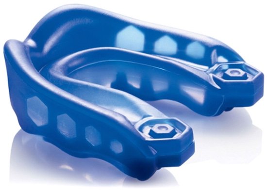 Blauwe, strakke gel-mondbeschermer met hexagonale patronen.