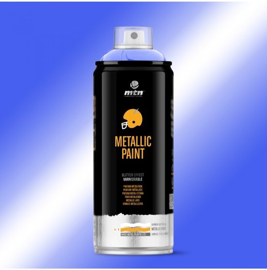 Aérosol MTN Metallic Paint, bleu foncé à effet pailleté, partie inférieure chromée.