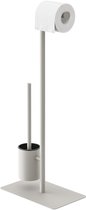 Beige toiletrolhouder met wc-borstel op een platte voet.