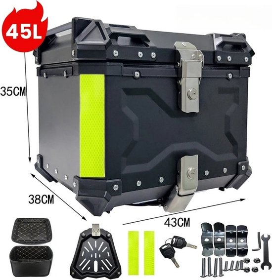 QPFO® 45L Aluminium Motorfiets Topkoffer – Zwart – Robuuste Waterdichte Opbergruimte voor Helm & Accessoires
