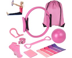 Pilates Ring - Weerstandsbanden - Pilates bal - Yoga ring set - Accessoires voor Thuisgymnastiek - Ideaal voor fitness en flexibiliteitsoefeningen - Complete Lichaamsverstevigingsset-13 stuks-Roze