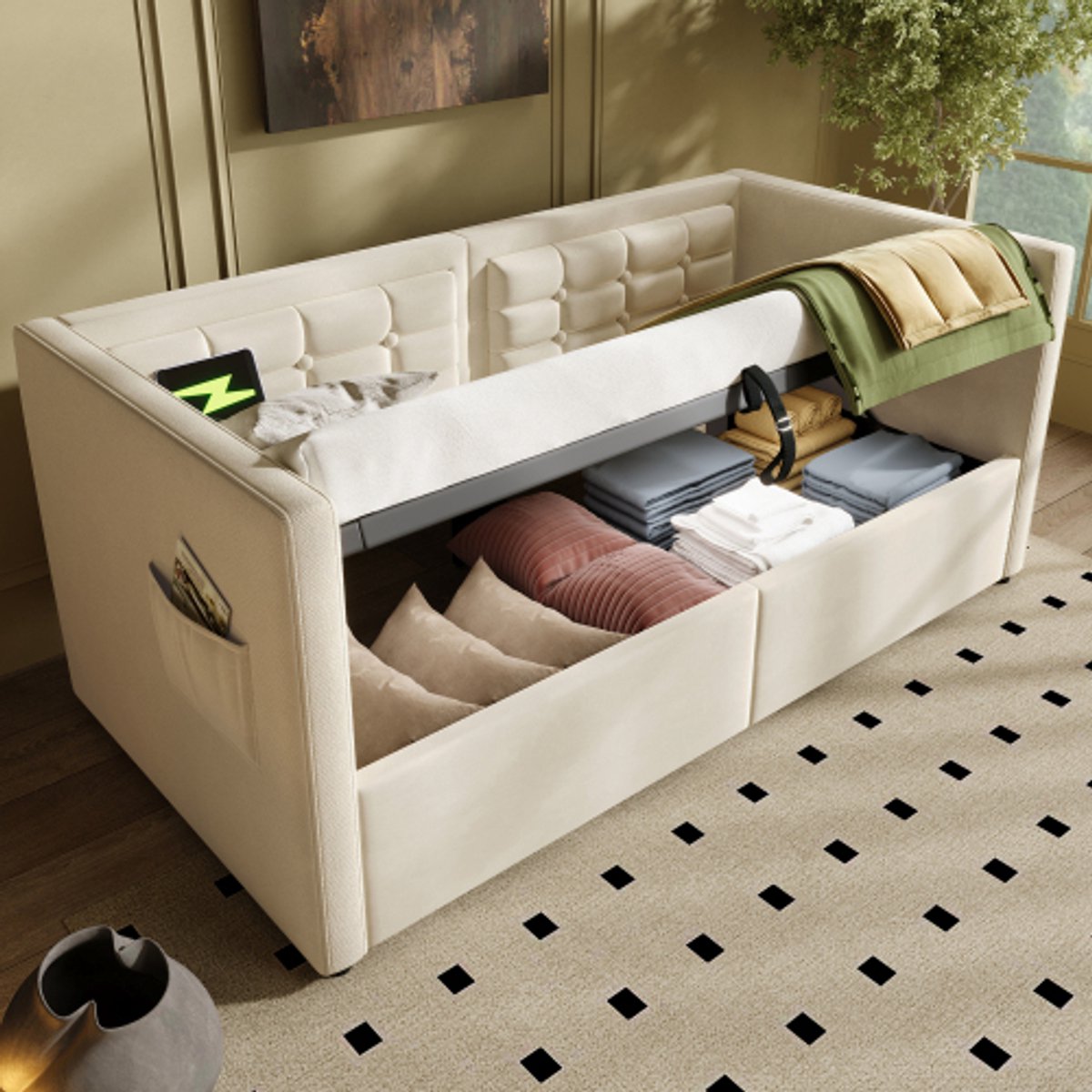 Pugsdrly Slaapbank 90x200cm zonder matras Eenpersoonsbed Beige Fluwelen bed met hydraulische opbergruimte USB en TypeC aansluiting met lattenbodem