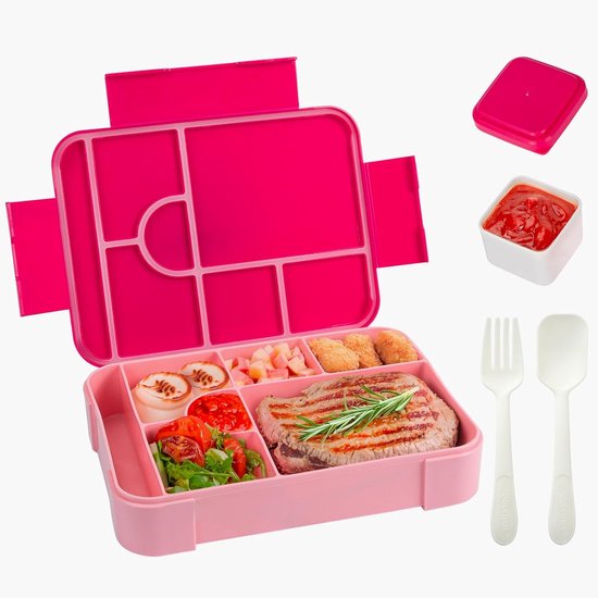 Boîte à bento étanche 1330 ml - Boîte à lunch pour enfants - Avec 6 compartiments et 1 récipient pour vinaigrette - Pour enfants, école, maternelle, bureau - Rose