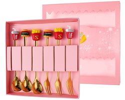 ZoeZo Design - gift set - 6 stuks - 3 gebaksvorkjes - 3 theelepeltjes - fastfood - hamburger - franse frietjes - goud