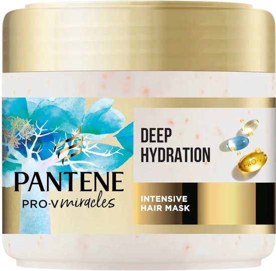 Pot Pantene Pro-V Miracles Deep Hydration Masque Capillaire Intensif avec couvercle doré et décoration florale bleue.