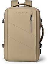 Zandkleurige Caimco rugzak met schuine lijnen op de voorkant, een ritsvak en merknaam "CAIMCO" bovenin.