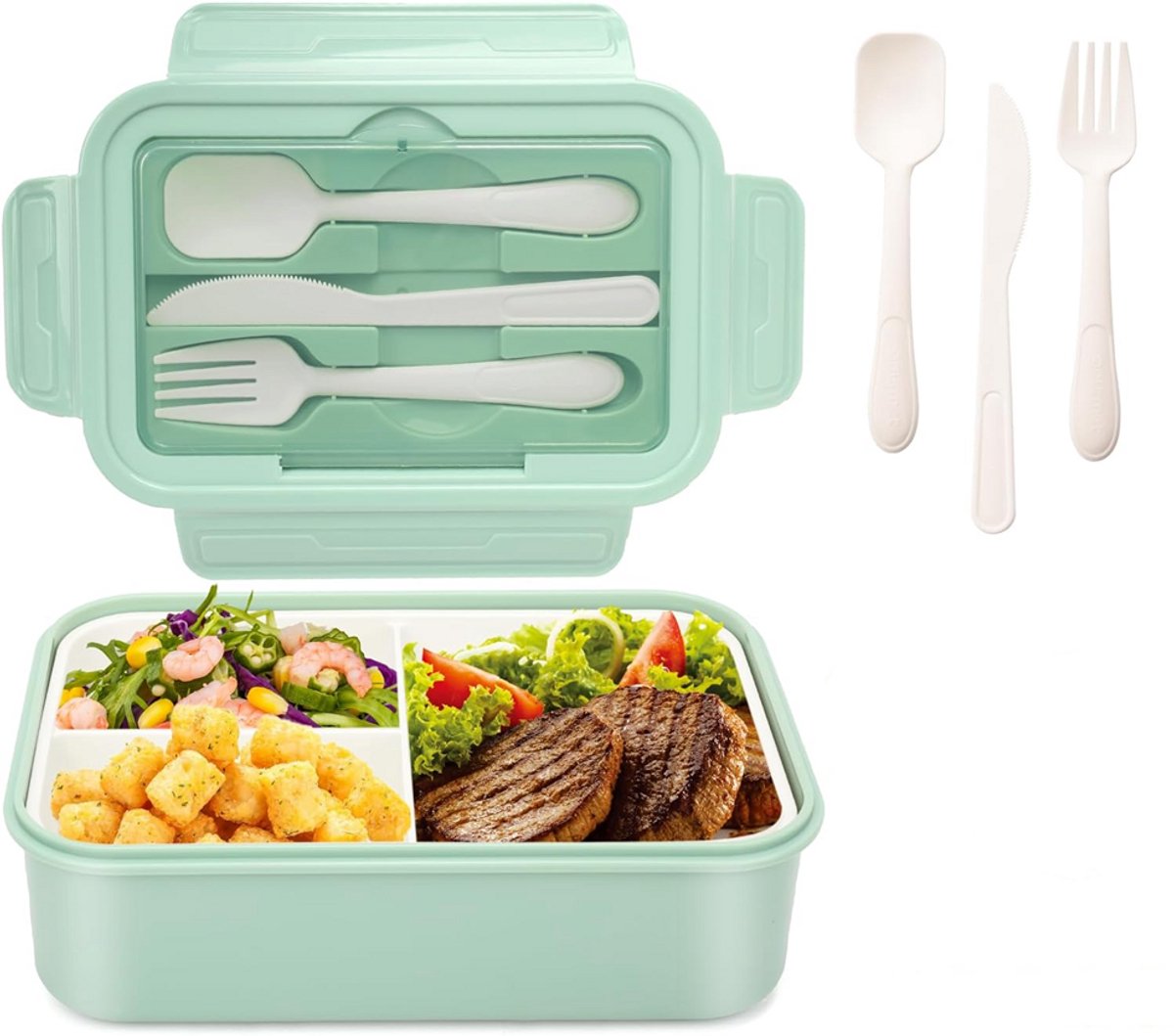 Lunchbox - 1400 Ml - 3 Compartimenten - Met Mes En Vork - Bpa Vrij - Bento Box - Broodtrommel - Lunchtrommel - Volwassenen En Kinderen - Lekvrij - Geschikt Voor Magnetron En Vaatwasser, School, Werk, Picknick, Reizen - Groen