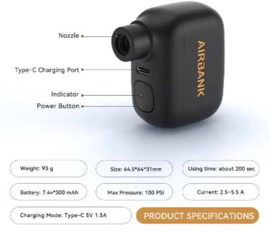 AIRBANK POCKET SE Mini Elektrische Fietspomp – Compact & Licht (93g) – USB-C Oplaadbaar – 100 PSI/6,9 bar – Draagbare Bandenpomp — afbeelding 4