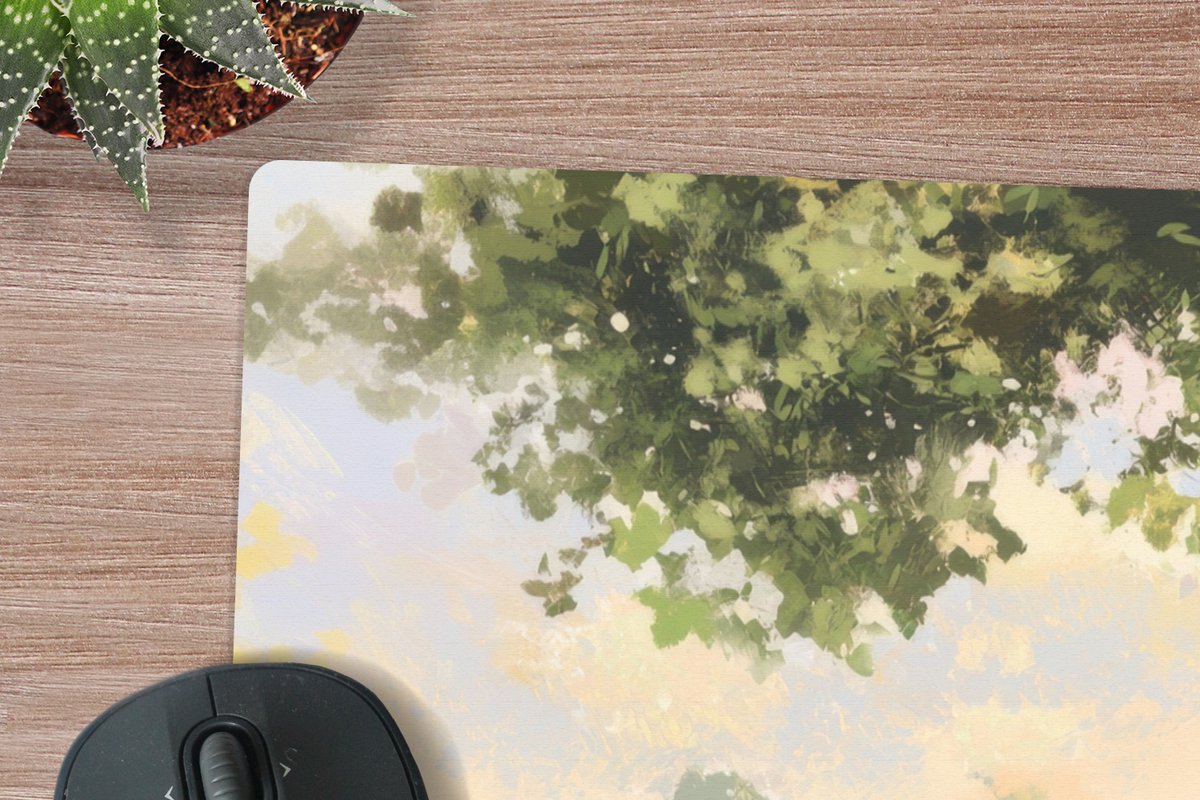 Muismat XXL 80x60 cm - Bureau onderlegger - Bureau mat Houten bankje - Bloempotten - Landschap - Bureaumat - Gaming mousepad xl - Bureaulegger groot - Computer deskmat