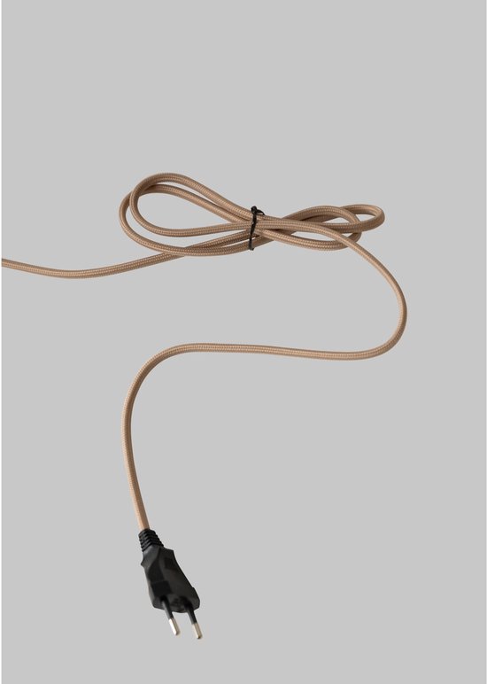 Bruine stoffen kabel met zwarte stekker.