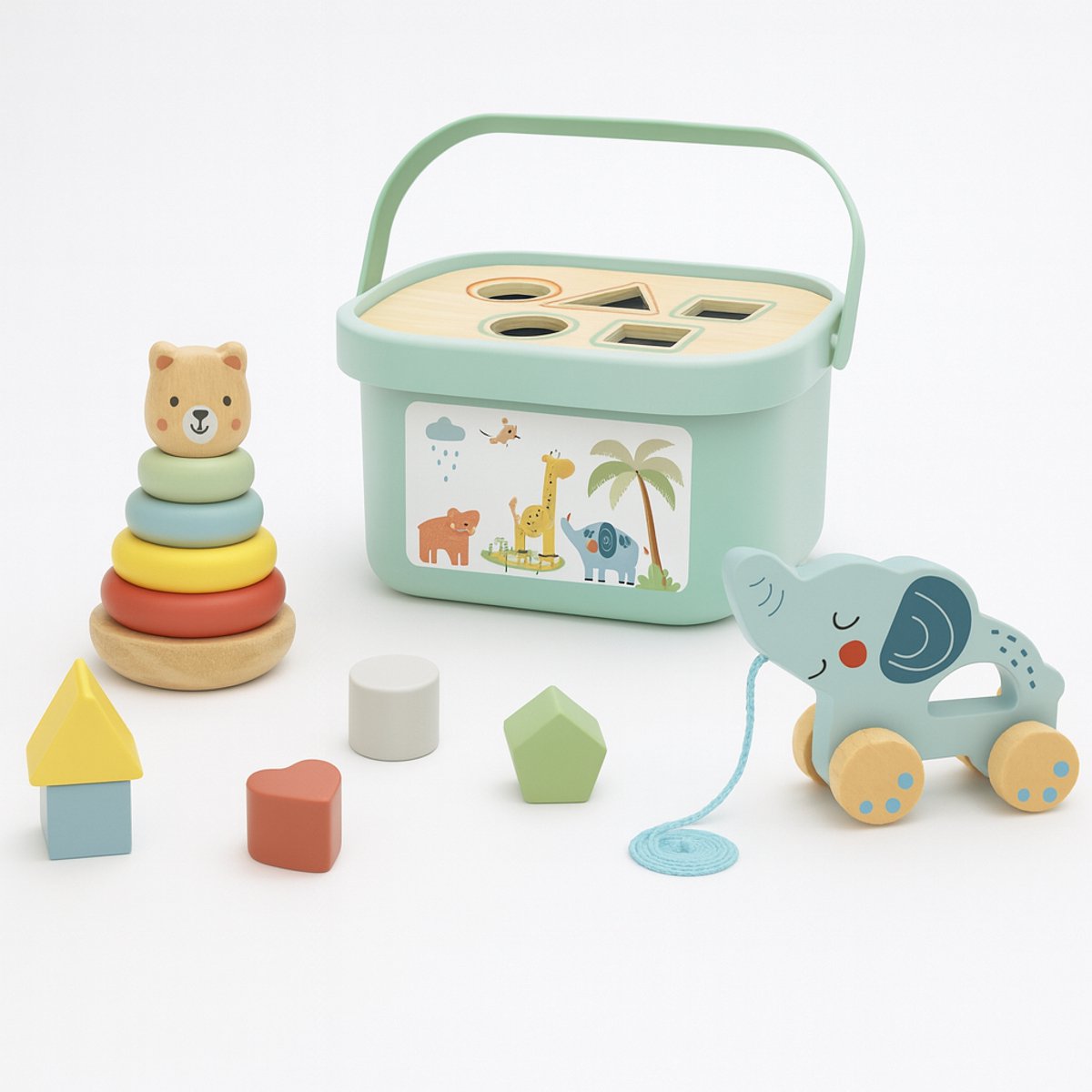 Tooky Toy® Houten Speelgoed Set - 3-in-1 Blokken, Stapeltoren & Trekfiguur - Jungle Thema - Stimulerend houten Montessori speelgoed – Duurzaam, Educatief en Creatief spel voor Kinderen om Zelfredzaamheid en Vaardigheden te Ontwikkelen