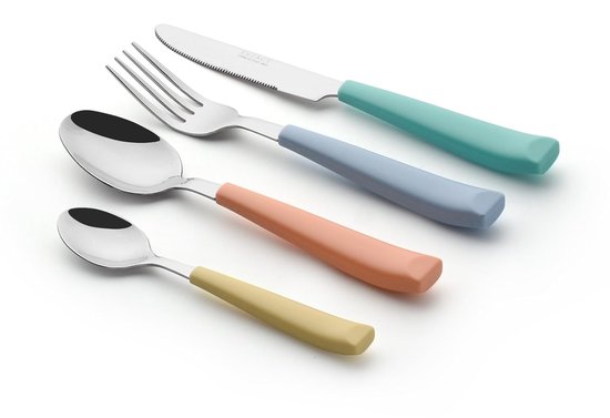 Bestekset 24 stuks gekleurd - roestvrij staal met levendig gekleurde plastic brede handgrepen - comfortabel vast te houden - 6 x vorken, 6 x dinermessen, 6 x eetlepels, 6 x theelepels van Dynamic24 — afbeelding 3