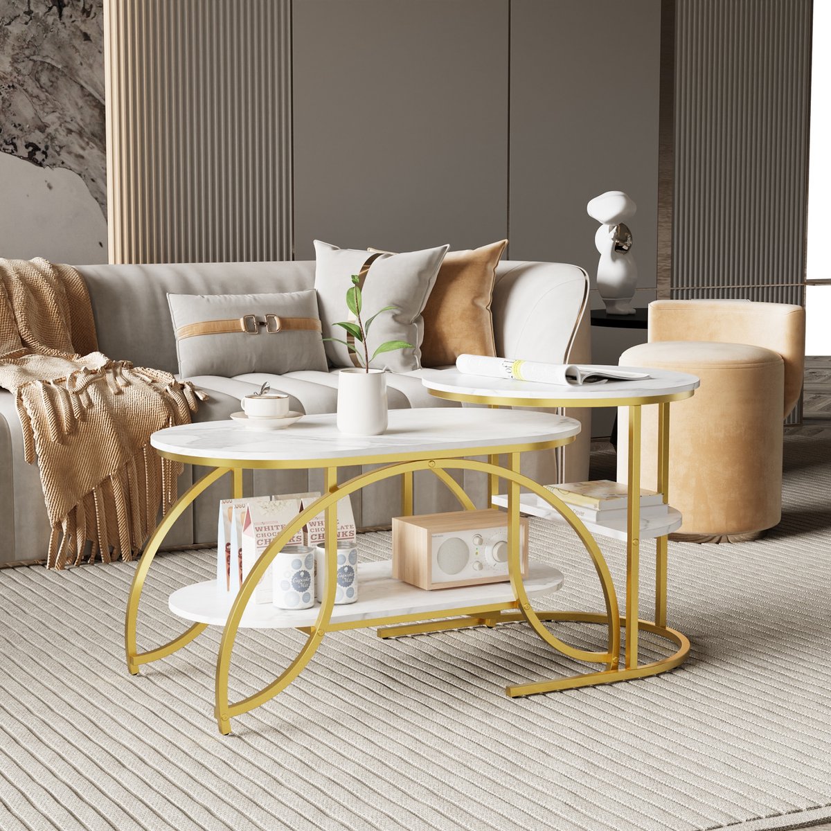Salontafelset van 2 ronde en ovale salontafels, moderne salontafelset, marmerfineer en metalen frame, salontafel voor woonkamer, balkon en kantoor (wit + gouden frame)