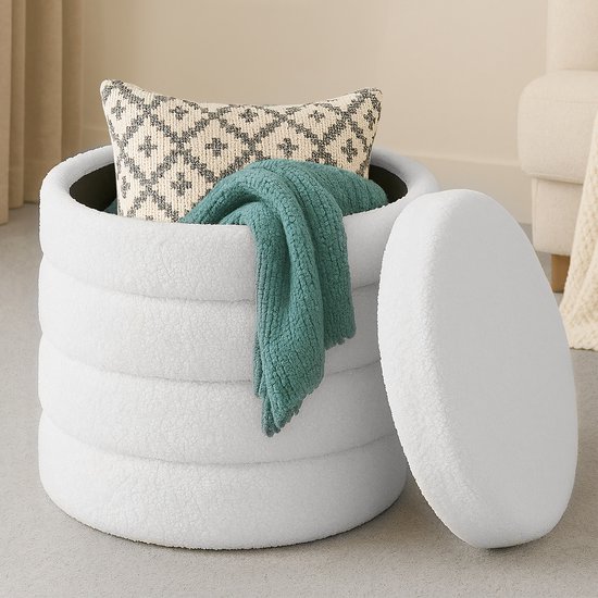 Artichok Willemijn opbergpoef - Rond, beige bouclé met opbergruimte - 44 cm