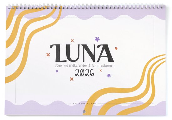 LUNA Familieplanner 2026 XL Maandkalender A3 paars oranje gezinsplanner 6 personen planner met groot maandoverzicht