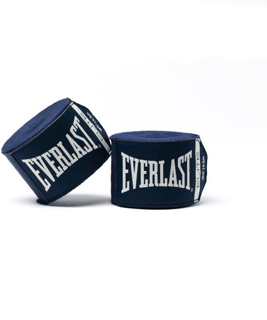 Twee donkerblauwe Everlast Elite handschoenen, 180"/4.5m, met wit logo, op een witte achtergrond.
