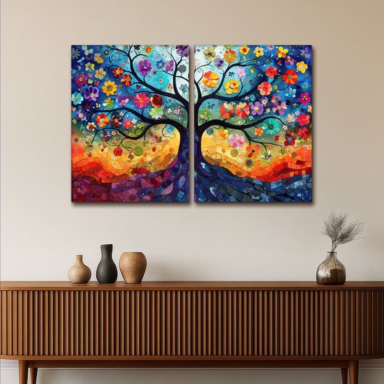 Ensemble de peintures sur toile 120x80 cm - Décoration murale diptyque - Coloré - Arbre de vie - Fleurs - Abstrait - Décoration murale salon - Décoration chambre - Accessoires chambre - Peintures sur toile