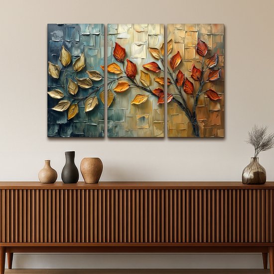 Ensemble de peinture sur toile 120x80 cm - Décoration murale triptyque - Arbre - Feuilles - Nature - Aspect peinture - Décoration murale murale salon - Décoration chambre - Accessoires chambre - Peintures sur toile