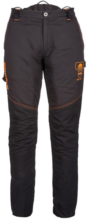 Zwarte werkbroek met oranje stiksels, versterkte knieën en logo op de linkerpijp.