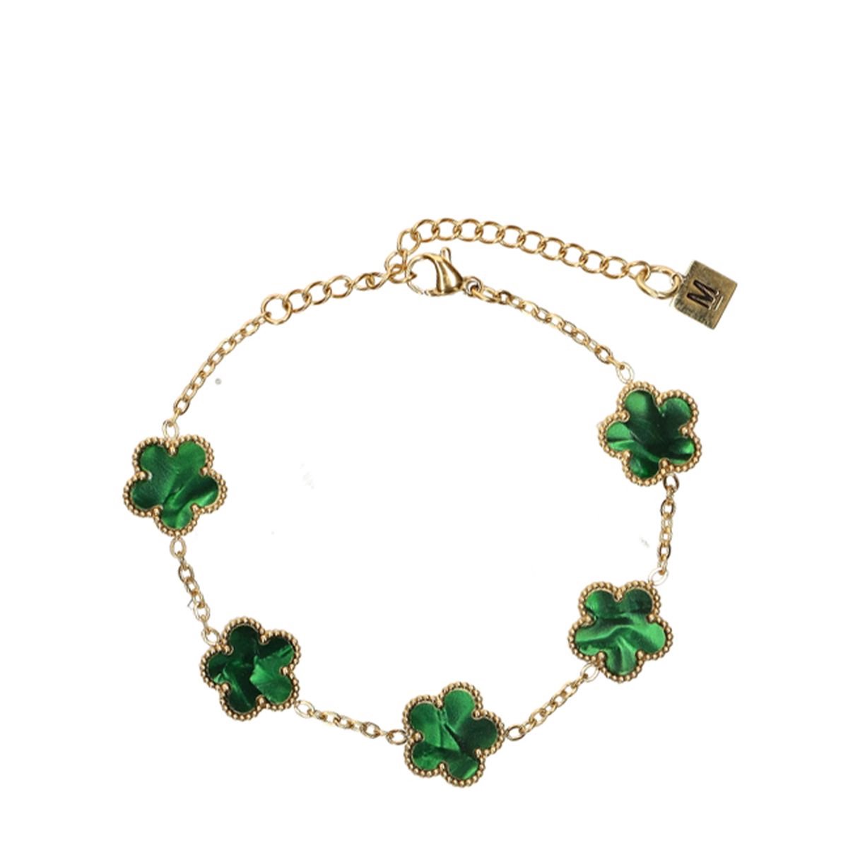 Manfield - Dames - Goudkleurige armband met groene bloemetjes - Maat 1