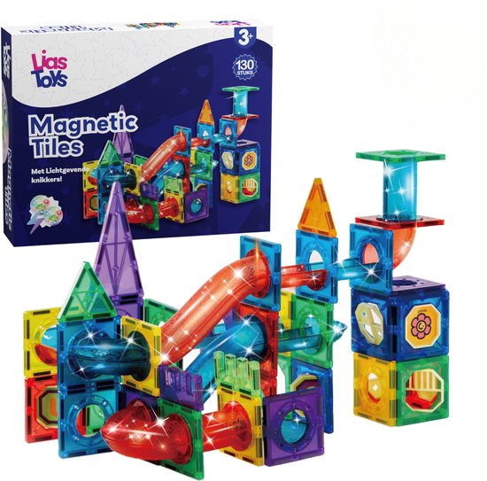 LiasToys® - Magnetisch speelgoed - Magnetic tiles - 130stuks - Knikkerbaan - Montessori speelgoed - Magnetische Bouwstenen - lichtgevende knikkers