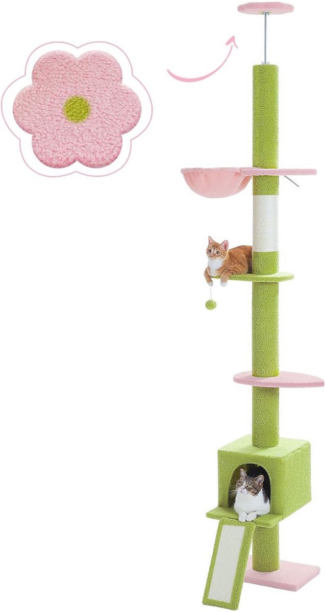 Kattenu TreeTower – Hoge Plafond Krabpaal – Verstelbaar van 210-274 cm – Groen/Roze – Inclusief Hangmat en Katten huisje