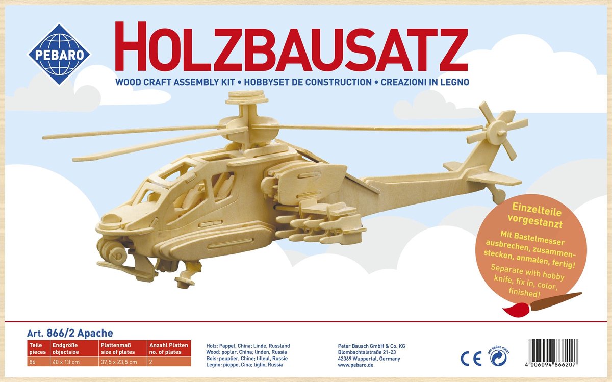 Pebaro houten bouwset Apache helikopter modelbouw speelgoed.