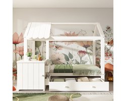 Komhtom Kinderbed in huisstijl 90 x 200 cm van massief hout met lades en afneembaar nachtkastje - vloerbed in wit zonder matras