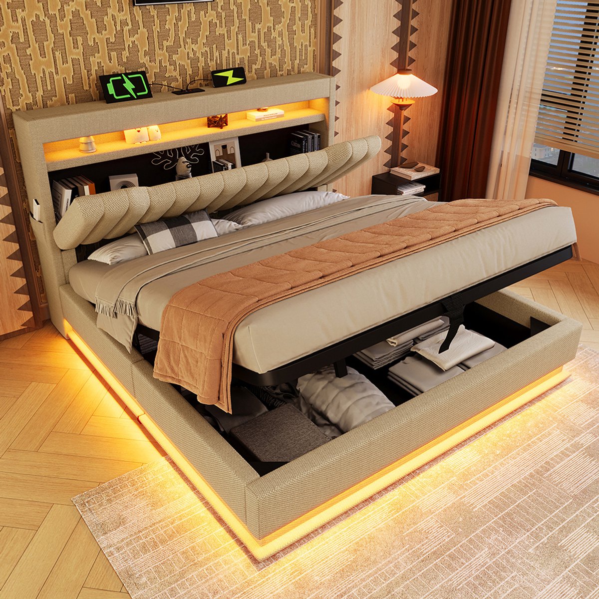 KOMHTOM Gestoffeerd tweepersoonsbed hoofdeinde met opbergruimte en USB- en Type-C-poorten, LED-verlichting aan het hoofdeinde en voeteneinde, met hydraulische opbergruimte, linnenkleurig. (Zonder matras) Beige