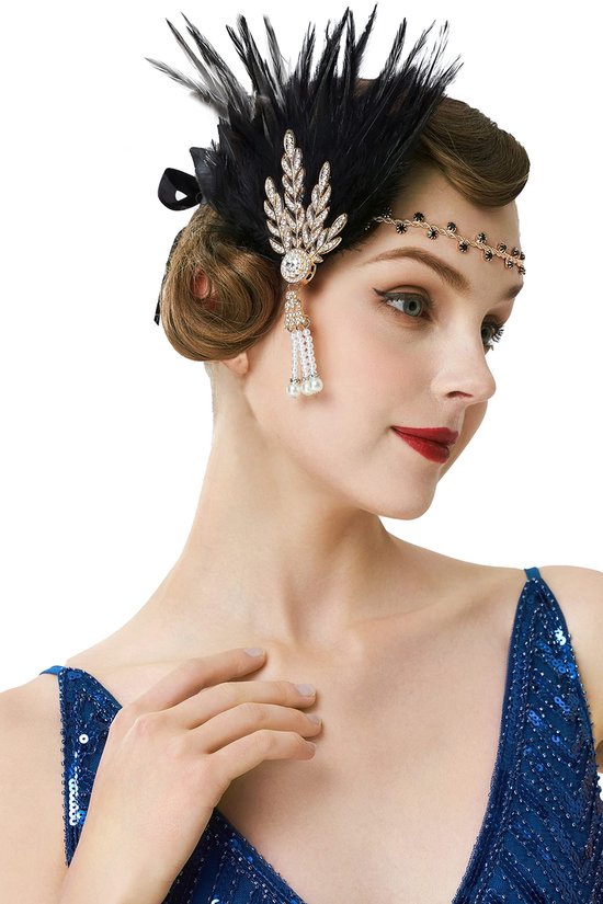 Feather Headband for Women 1920s Style Flapper Art Deco Inspired by Great Gatsby Leaves Brilliant Crystal Hair Band, Gold, One Size