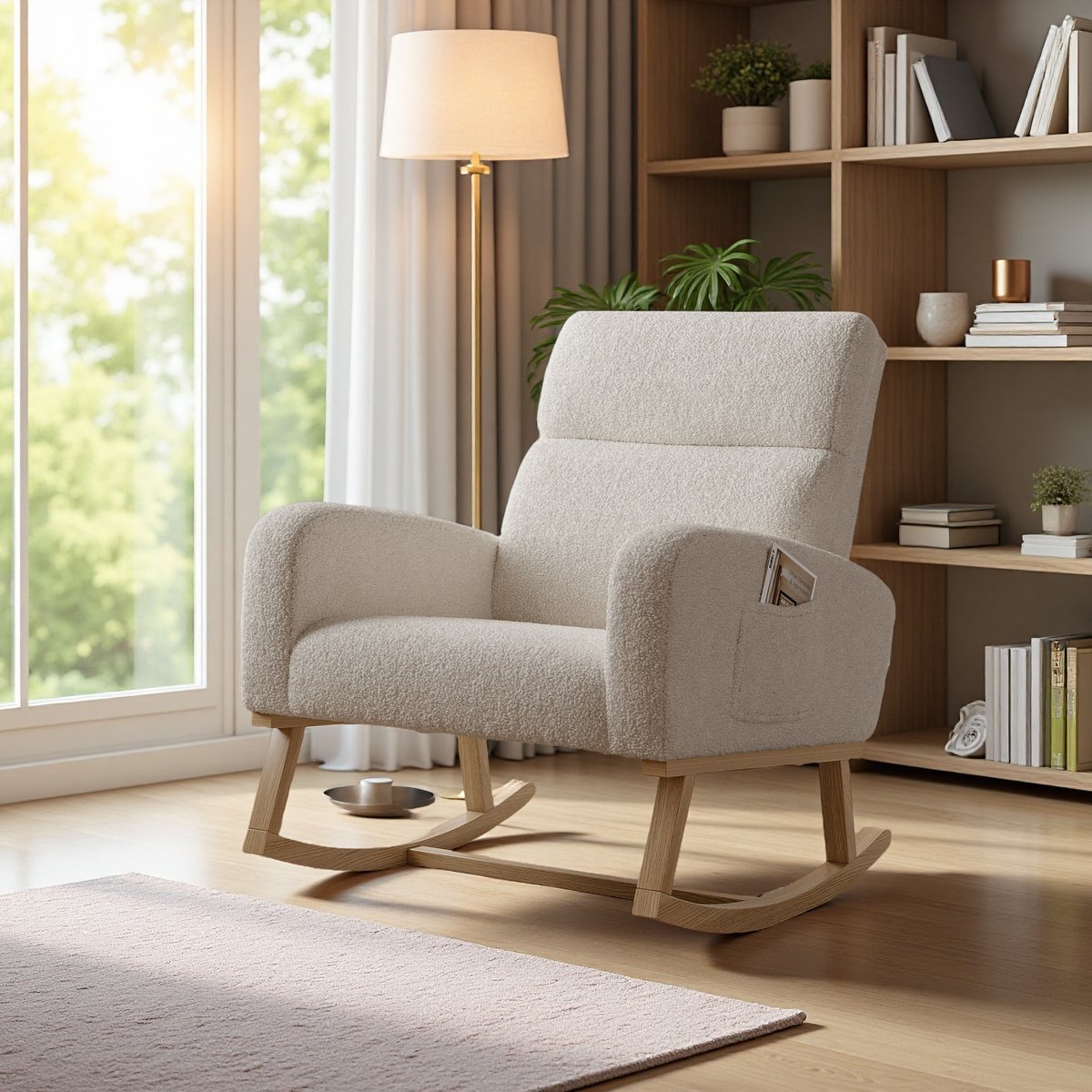 Schommelstoel teddy stof – Beige relaxstoel met zachte bekleding en houten schommelpoten, comfortabele fauteuil voor woonkamer of slaapkamer